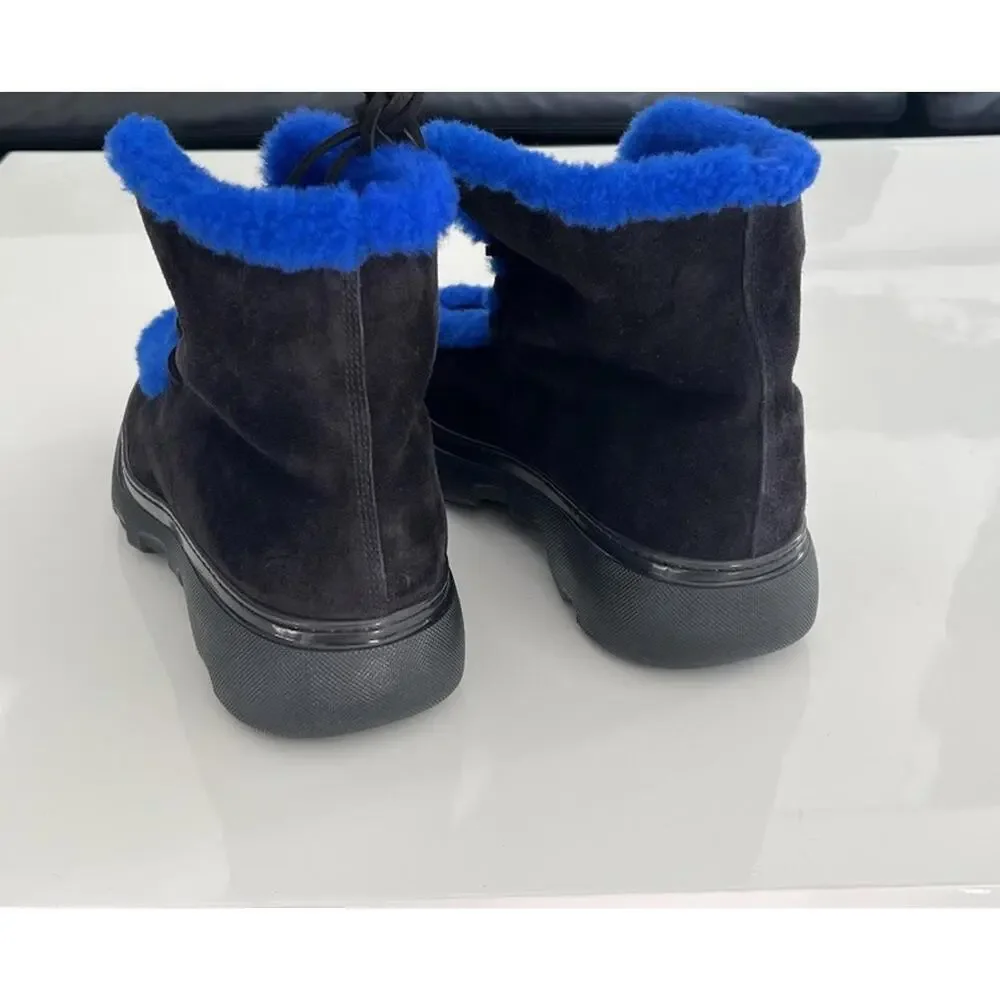 $1550 Burberry Mens Creeper Shearling Black Blue Winter Boots Size 42 /US 9